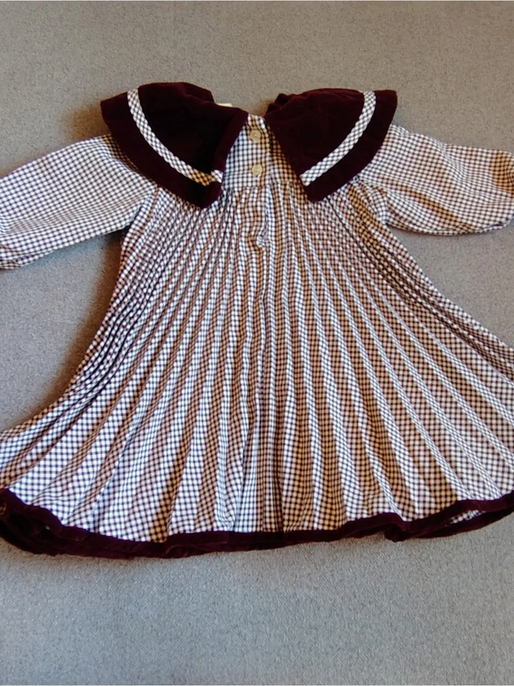 Vtg Velvet Caped Checked Dress Girls 12M Maroon Bow Pleated Madeline Sailor USA